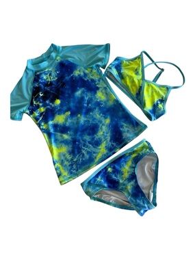 LANDS END Kids Blue & Yellow Tie-Dye Rash Guard Swim 3 Pc Set - 8S
